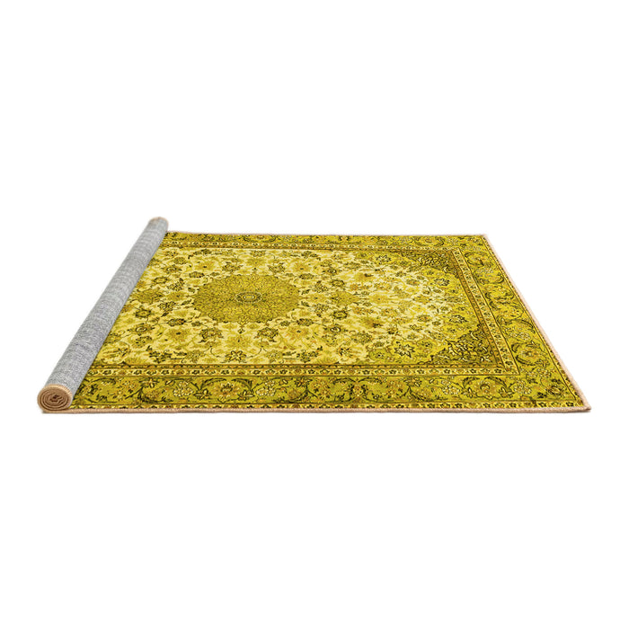 Sideview of Machine Washable Medallion Yellow Traditional Rug, wshtr4378yw