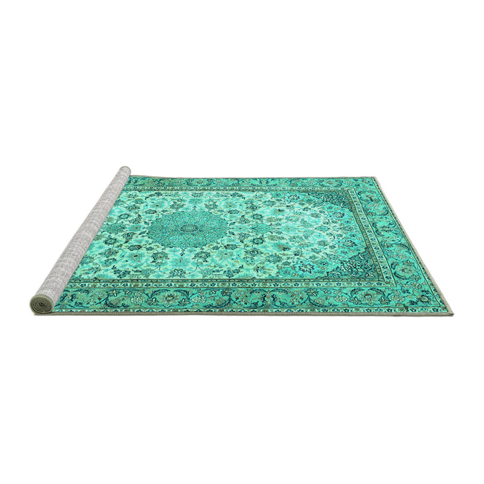 Sideview of Machine Washable Medallion Turquoise Traditional Area Rugs, wshtr4378turq