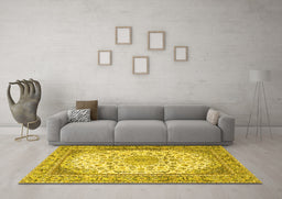 Machine Washable Medallion Yellow Traditional Rug in a Living Room, wshtr4378yw