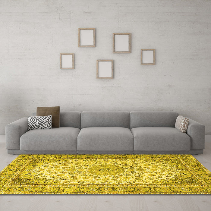 Machine Washable Medallion Yellow Traditional Rug in a Living Room, wshtr4378yw