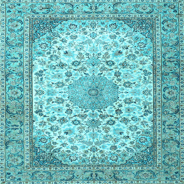 Square Machine Washable Medallion Light Blue Traditional Rug, wshtr4378lblu