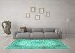 Machine Washable Medallion Turquoise Traditional Area Rugs in a Living Room,, wshtr4378turq