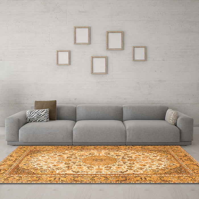 Machine Washable Medallion Orange Traditional Area Rugs in a Living Room, wshtr4378org