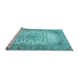 Sideview of Machine Washable Medallion Light Blue Traditional Rug, wshtr4378lblu