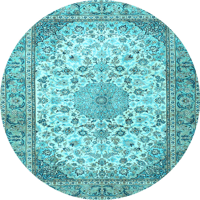 Round Machine Washable Medallion Light Blue Traditional Rug, wshtr4378lblu