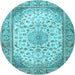 Round Machine Washable Medallion Light Blue Traditional Rug, wshtr4378lblu