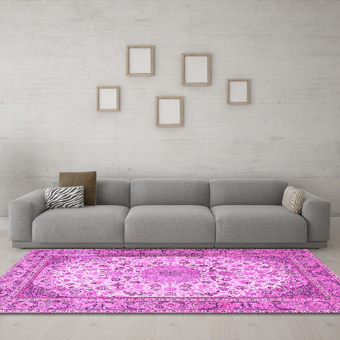 Machine Washable Medallion Pink Traditional Rug in a Living Room, wshtr4378pnk