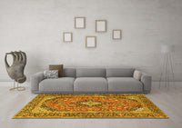 Machine Washable Medallion Yellow Traditional Rug, wshtr4379yw