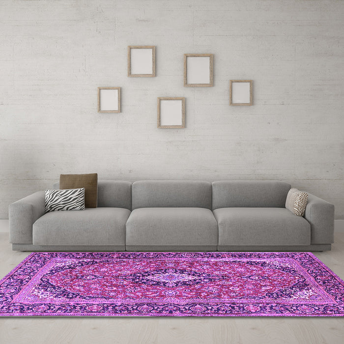 Machine Washable Medallion Purple Traditional Area Rugs in a Living Room, wshtr4379pur
