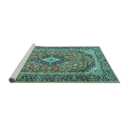 Sideview of Machine Washable Medallion Turquoise Traditional Area Rugs, wshtr4379turq