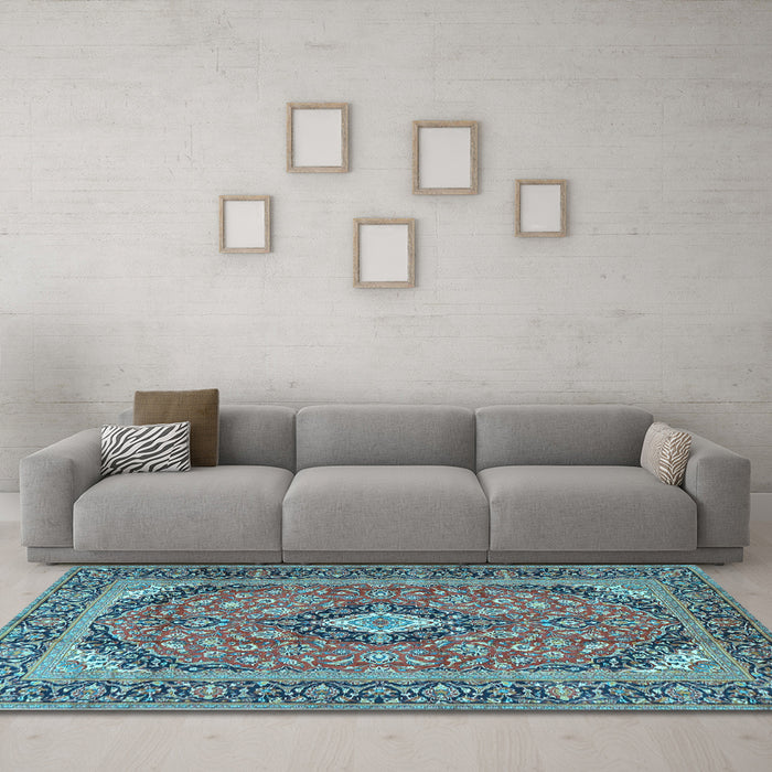 Machine Washable Medallion Light Blue Traditional Rug in a Living Room, wshtr4379lblu