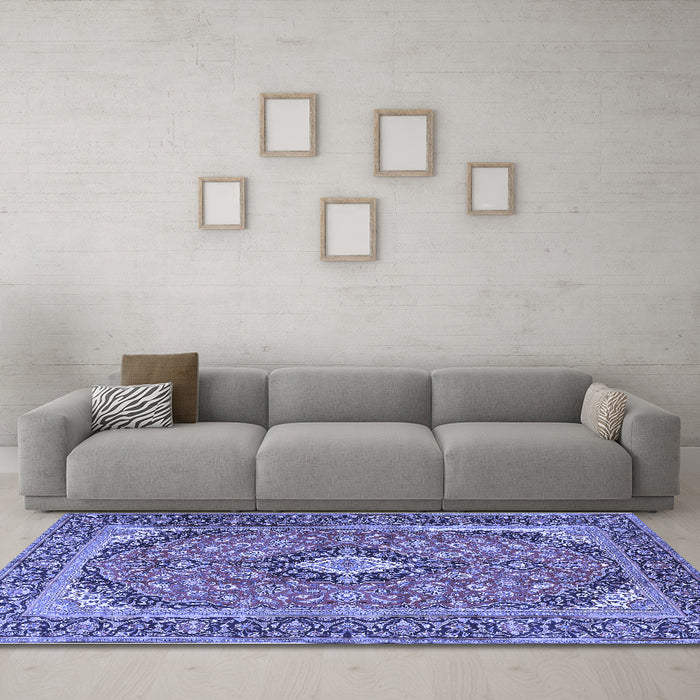 Machine Washable Medallion Blue Traditional Rug in a Living Room, wshtr4379blu