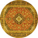 Round Machine Washable Medallion Yellow Traditional Rug, wshtr4379yw