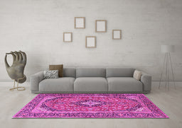 Machine Washable Medallion Pink Traditional Rug in a Living Room, wshtr4379pnk