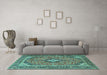 Machine Washable Medallion Turquoise Traditional Area Rugs in a Living Room,, wshtr4379turq