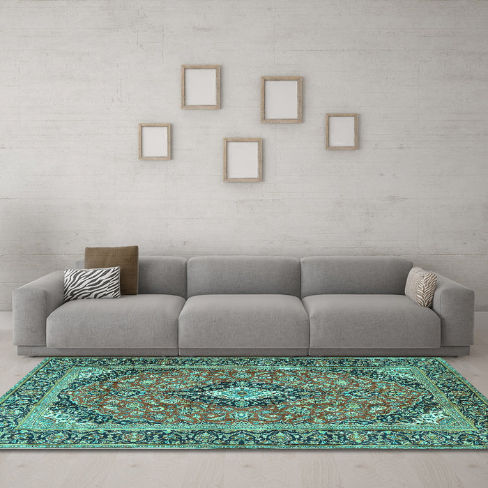Machine Washable Medallion Turquoise Traditional Area Rugs in a Living Room,, wshtr4379turq
