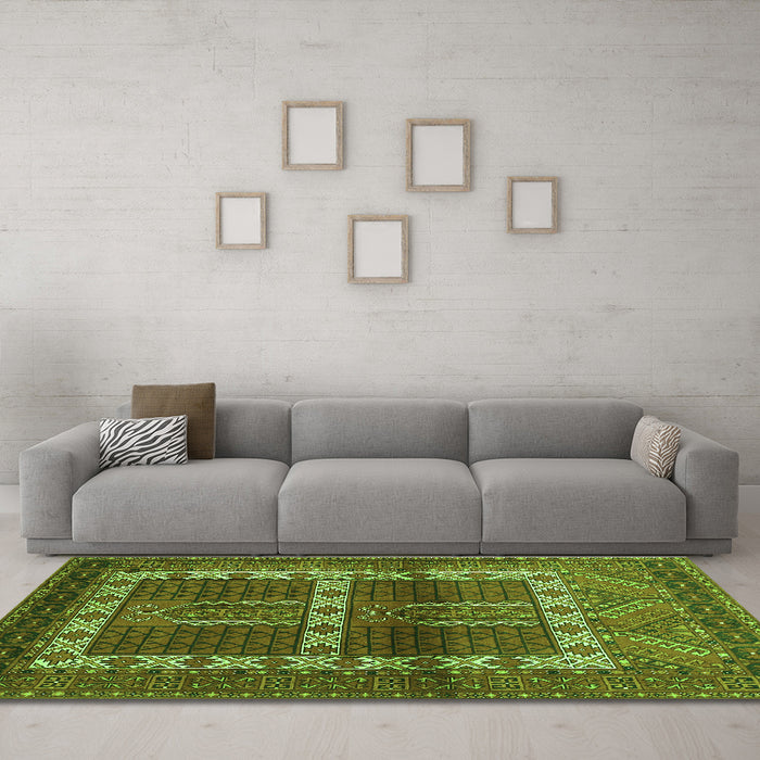 Machine Washable Southwestern Green Country Area Rugs in a Living Room,, wshtr437grn