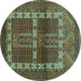 Round Machine Washable Southwestern Turquoise Country Area Rugs, wshtr437turq