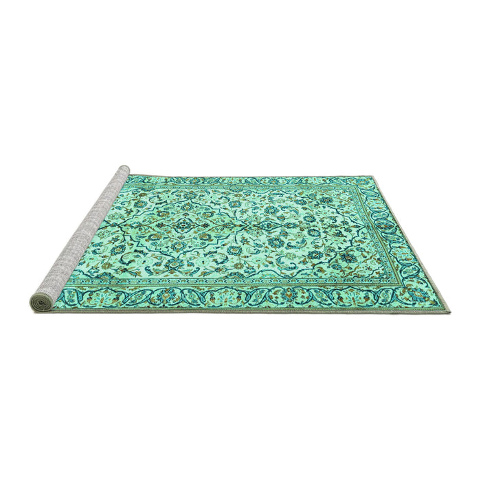Sideview of Machine Washable Persian Turquoise Traditional Area Rugs, wshtr4380turq