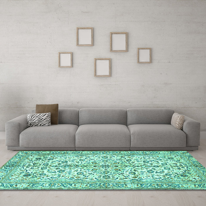 Machine Washable Persian Turquoise Traditional Area Rugs in a Living Room,, wshtr4380turq