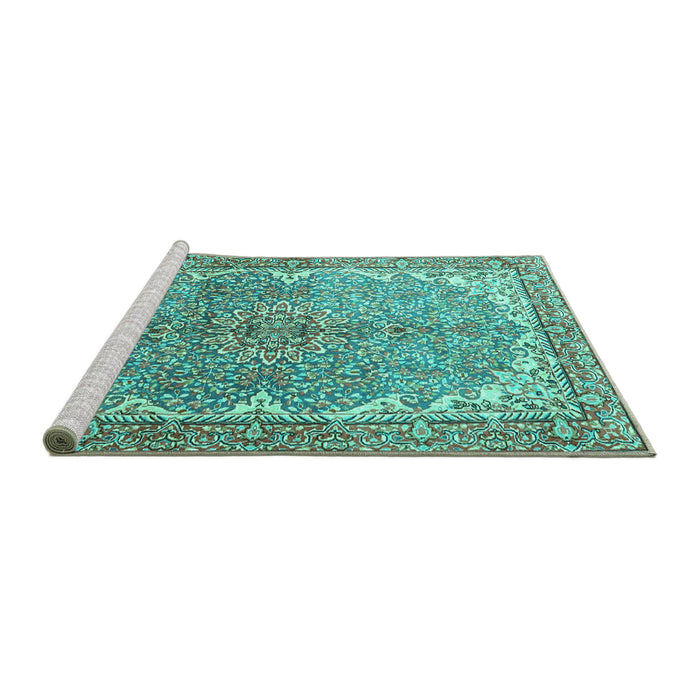 Sideview of Machine Washable Persian Turquoise Traditional Area Rugs, wshtr4381turq