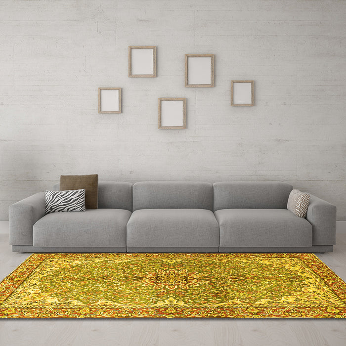 Machine Washable Persian Yellow Traditional Rug in a Living Room, wshtr4381yw