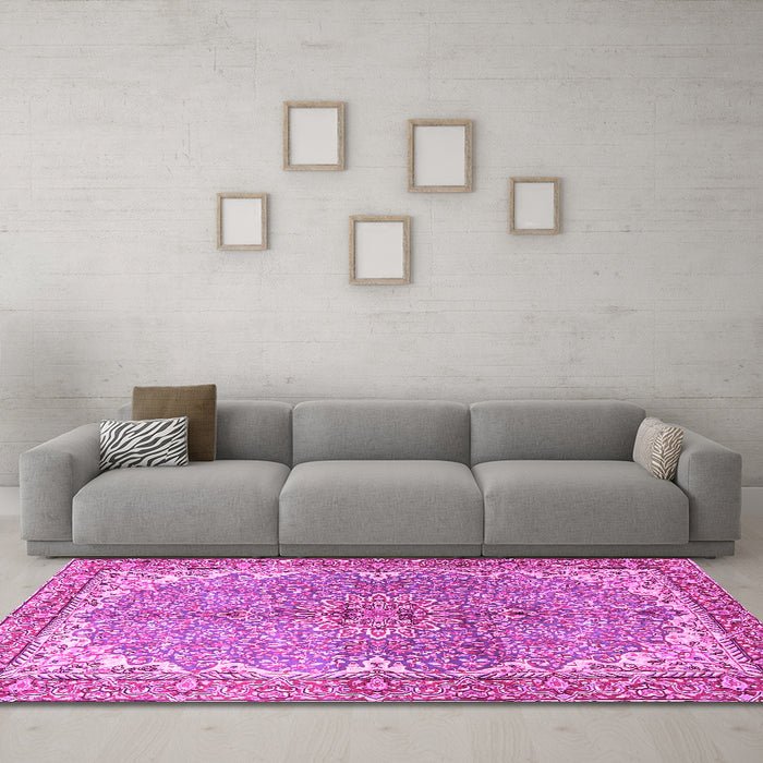 Machine Washable Persian Pink Traditional Rug in a Living Room, wshtr4381pnk