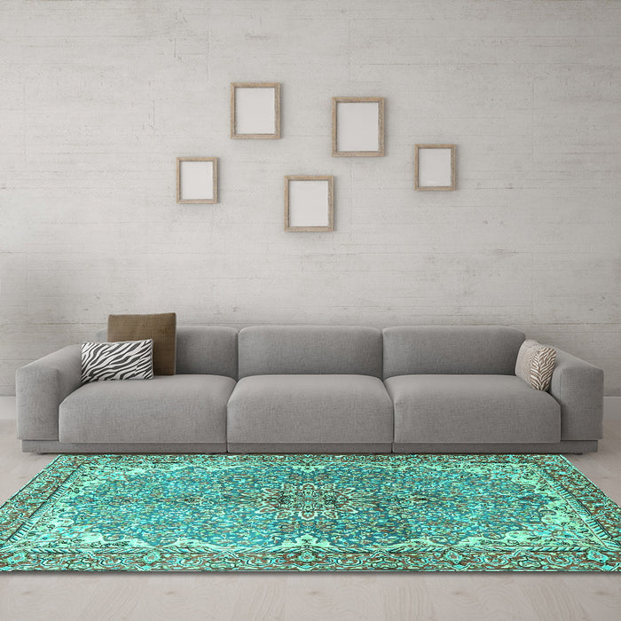 Machine Washable Persian Turquoise Traditional Area Rugs in a Living Room,, wshtr4381turq