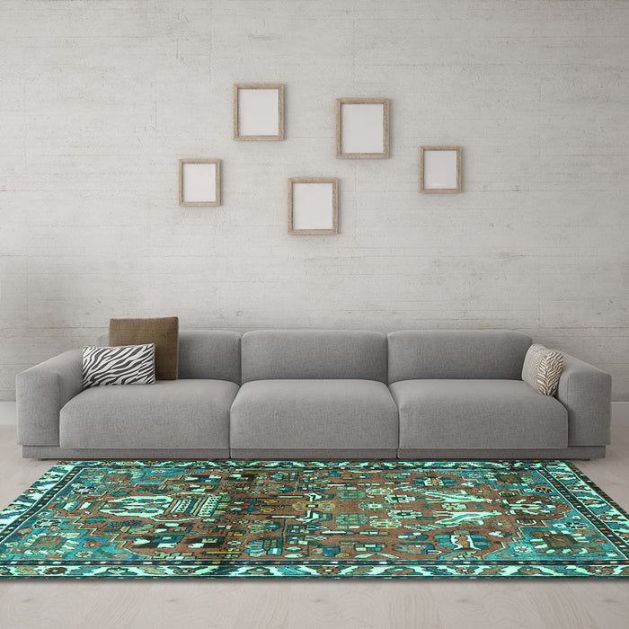 Machine Washable Persian Turquoise Traditional Area Rugs in a Living Room,, wshtr4383turq
