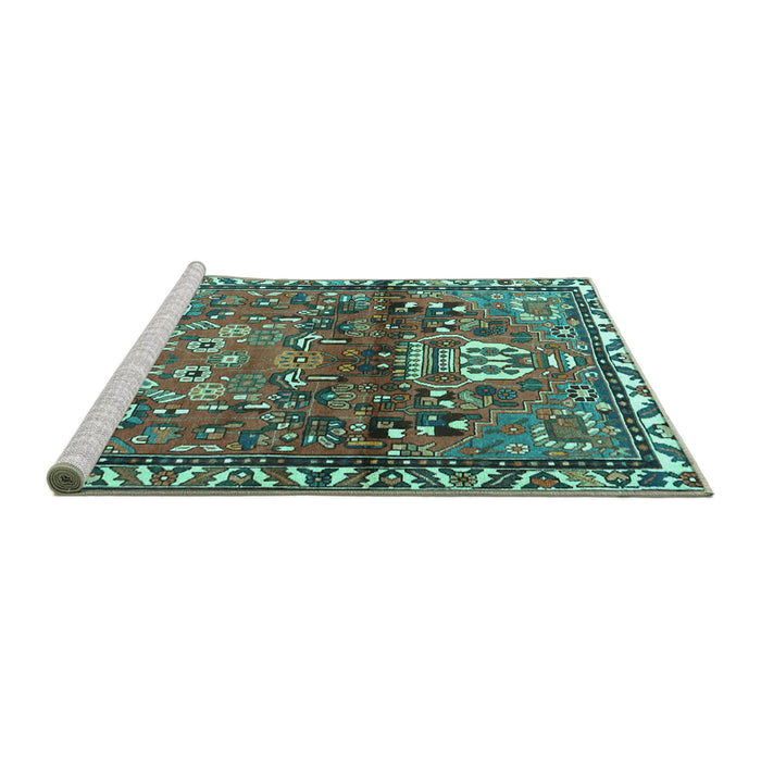 Sideview of Machine Washable Persian Turquoise Traditional Area Rugs, wshtr4383turq