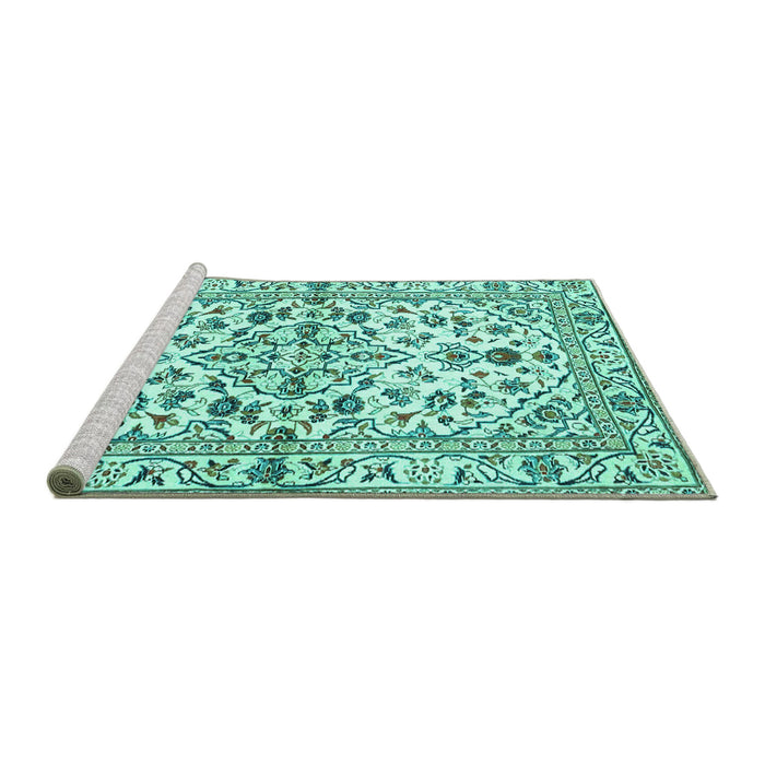 Sideview of Machine Washable Persian Turquoise Traditional Area Rugs, wshtr4384turq