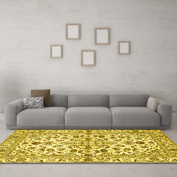 Machine Washable Persian Yellow Traditional Rug in a Living Room, wshtr4384yw