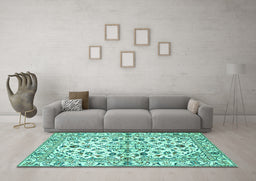 Machine Washable Persian Turquoise Traditional Area Rugs in a Living Room,, wshtr4384turq