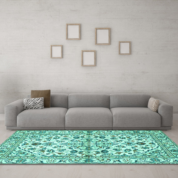 Machine Washable Persian Turquoise Traditional Area Rugs in a Living Room,, wshtr4384turq