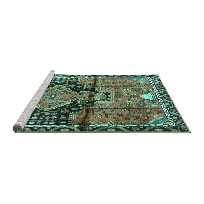 Sideview of Machine Washable Persian Turquoise Traditional Area Rugs, wshtr4385turq