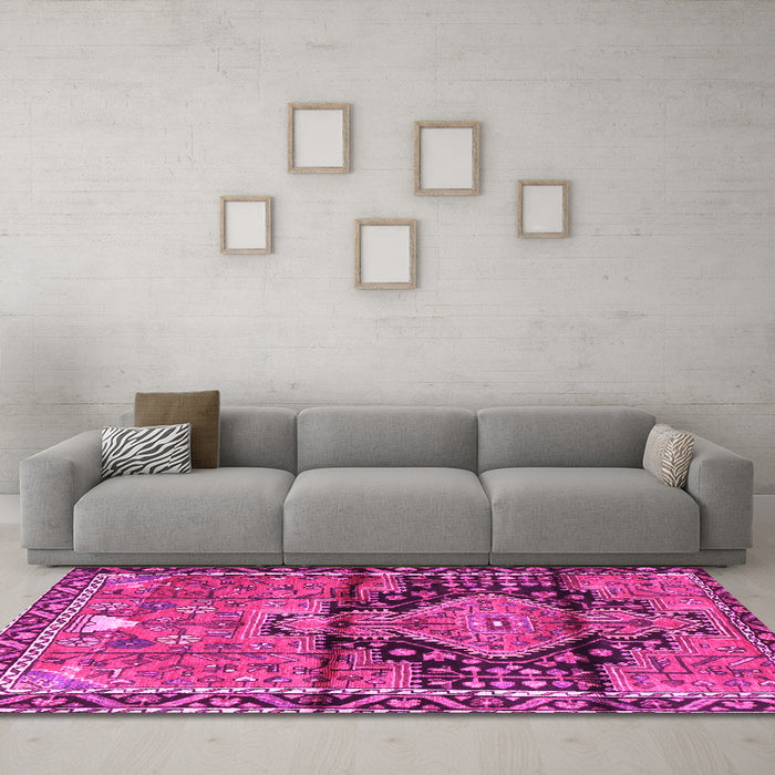 Machine Washable Persian Pink Traditional Rug in a Living Room, wshtr4385pnk