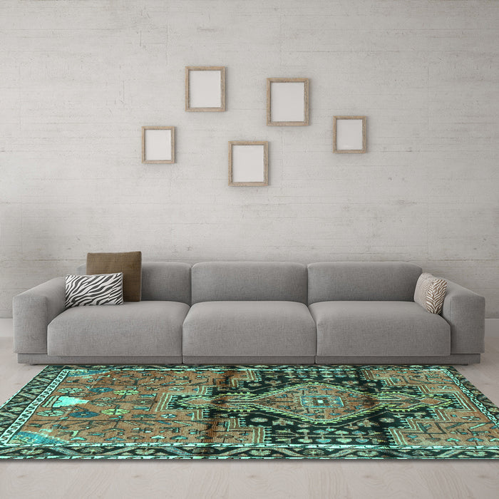 Machine Washable Persian Turquoise Traditional Area Rugs in a Living Room,, wshtr4385turq