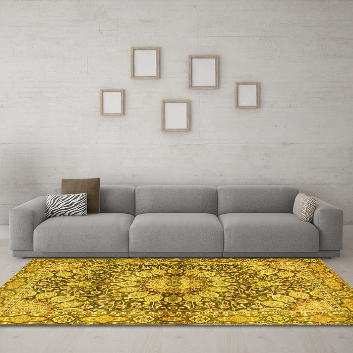 Machine Washable Persian Yellow Traditional Rug in a Living Room, wshtr4386yw