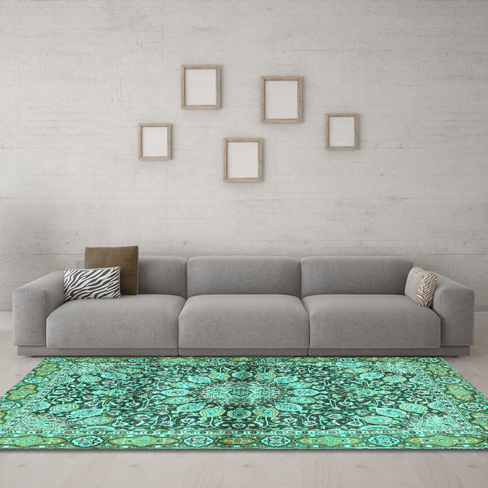Machine Washable Persian Turquoise Traditional Area Rugs in a Living Room,, wshtr4386turq