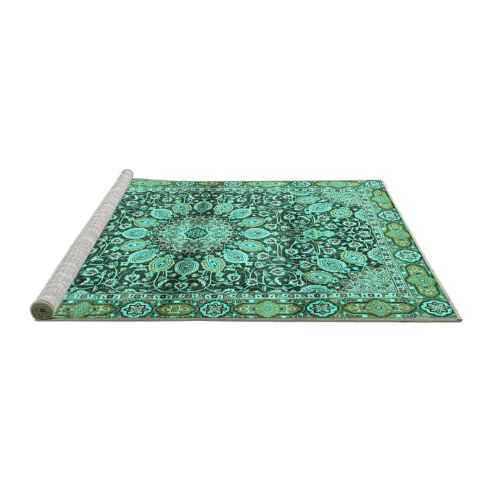 Sideview of Machine Washable Persian Turquoise Traditional Area Rugs, wshtr4386turq