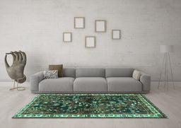 Machine Washable Persian Turquoise Traditional Area Rugs in a Living Room,, wshtr4387turq