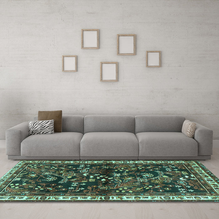 Machine Washable Persian Turquoise Traditional Area Rugs in a Living Room,, wshtr4387turq