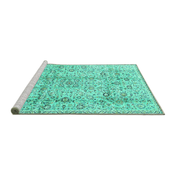 Sideview of Machine Washable Persian Turquoise Traditional Area Rugs, wshtr4389turq