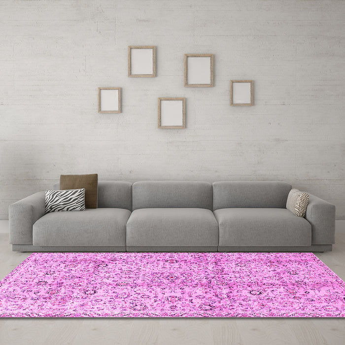 Machine Washable Persian Pink Traditional Rug in a Living Room, wshtr4389pnk