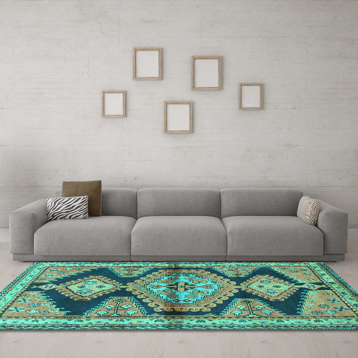 Machine Washable Persian Turquoise Traditional Area Rugs in a Living Room,, wshtr4390turq