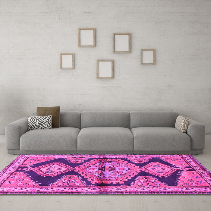 Machine Washable Persian Pink Traditional Rug in a Living Room, wshtr4390pnk
