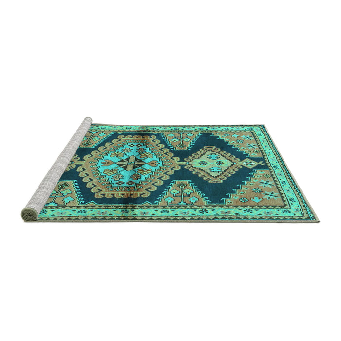 Sideview of Machine Washable Persian Turquoise Traditional Area Rugs, wshtr4390turq