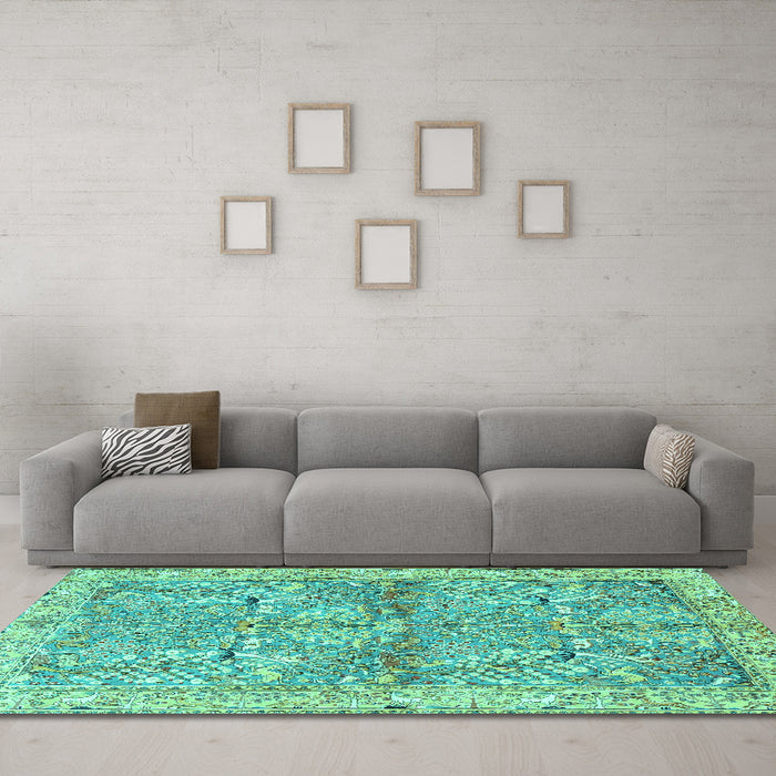 Machine Washable Animal Turquoise Traditional Area Rugs in a Living Room,, wshtr4391turq