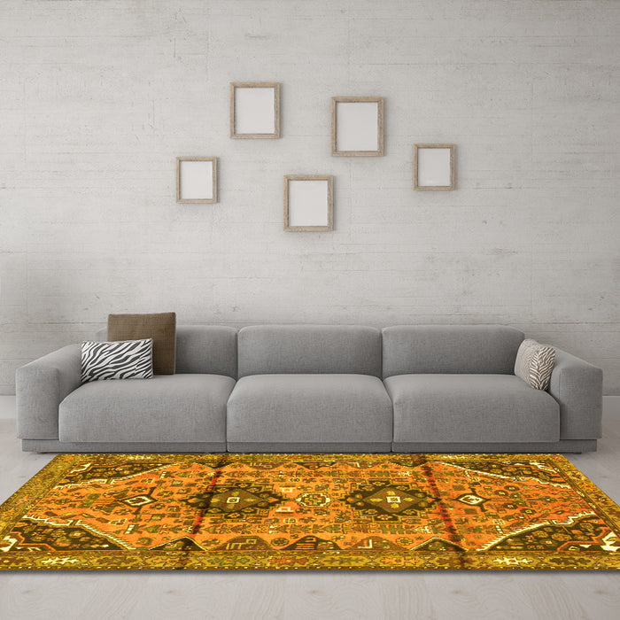 Machine Washable Persian Yellow Traditional Rug in a Living Room, wshtr4392yw