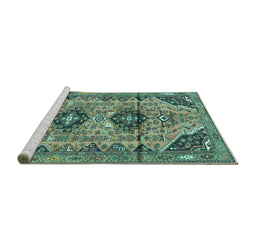 Sideview of Machine Washable Persian Turquoise Traditional Area Rugs, wshtr4392turq